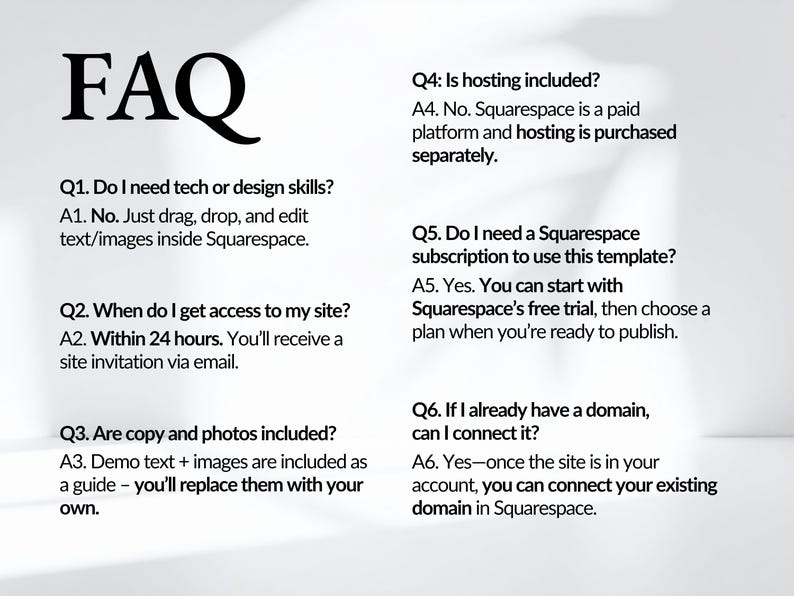 FAQ section of cleaning service Squarespace website template answering common questions about hosting, subscription plans, editing, domain connection, and setup timeline. Designed to reduce buyer hesitation and improve conversion rates.