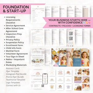 Childcare startup documents including licensing checklist, enrollment form, and service agreement templates.