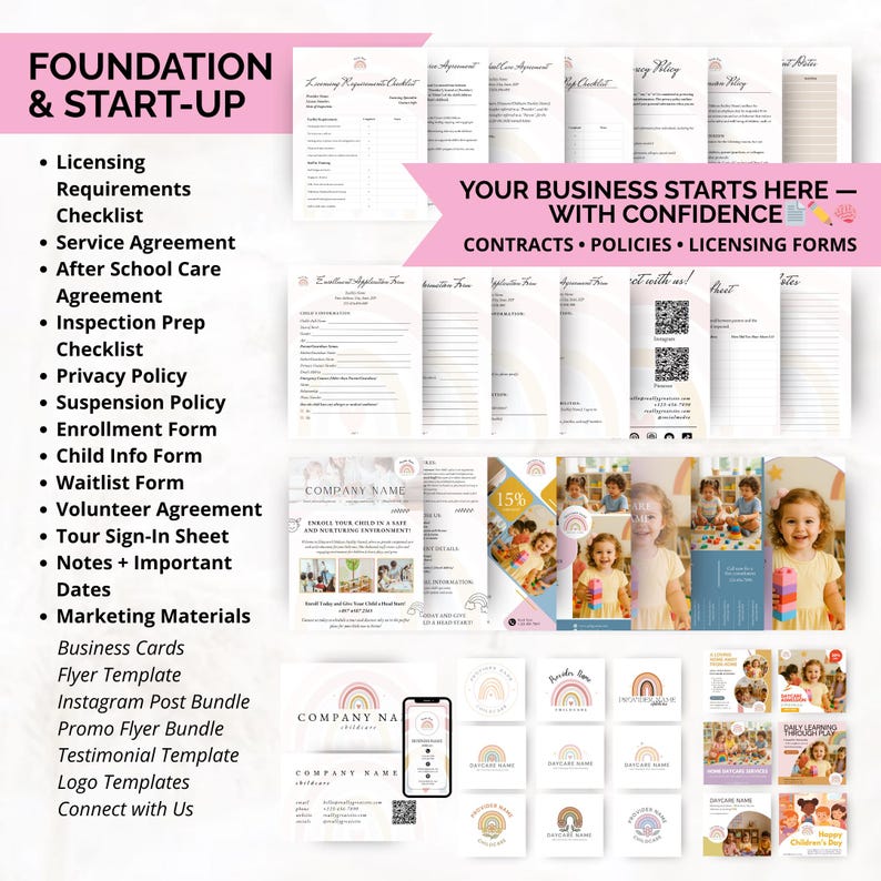 Childcare startup documents including licensing checklist, enrollment form, and service agreement templates.