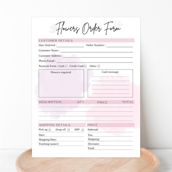 PRINTABLE FLORIST ORDER Form, Editable Flowers Order Form Template, Florist Business Order Sheet, Flowers Order Tracker Document