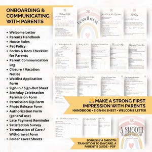 Parent communication forms for home daycare including handbooks, sign-in sheets, welcome letters, incident reports, and termination forms — clear and easy to customize.