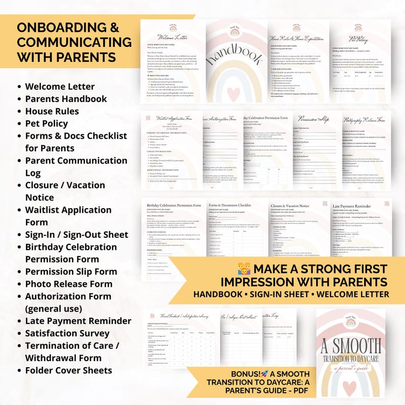 Parent communication forms for home daycare including handbooks, sign-in sheets, welcome letters, incident reports, and termination forms — clear and easy to customize.