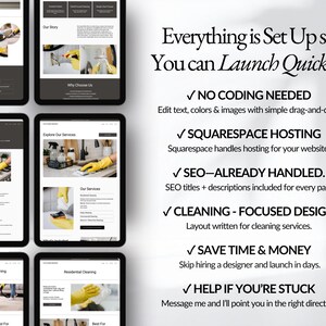 No-code Squarespace cleaning website template built for fast launch. Includes SEO-ready pages, hosting compatibility, and cleaning-focused layout to save time and money compared to hiring a web designer for your cleaning company.