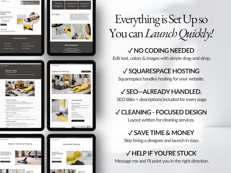 No-code Squarespace cleaning website template built for fast launch. Includes SEO-ready pages, hosting compatibility, and cleaning-focused layout to save time and money compared to hiring a web designer for your cleaning company.