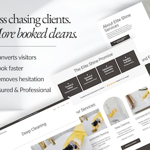 Conversion-focused cleaning business website template designed to help cleaning company owners book more clients, reduce hesitation, and look professional online. Modern layout built for residential cleaners, maid services, and commercial cleaning businesses.