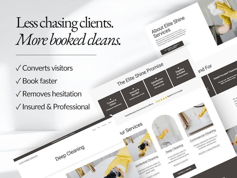 Conversion-focused cleaning business website template designed to help cleaning company owners book more clients, reduce hesitation, and look professional online. Modern layout built for residential cleaners, maid services, and commercial cleaning businesses.