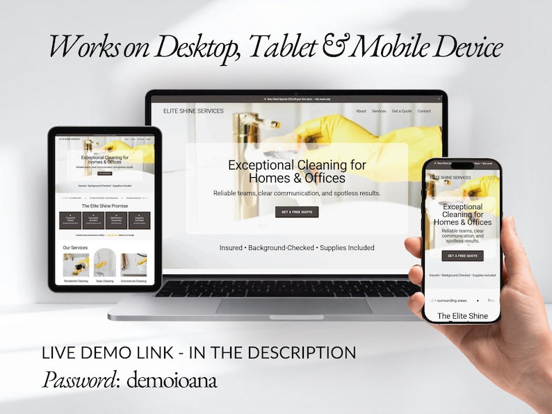 Fully responsive cleaning service website template shown on desktop, tablet, and mobile. Optimized for mobile booking and professional presentation across devices. Ideal Squarespace website for cleaning companies targeting local residential and commercial clients.