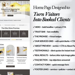 Cleaning service homepage design built in Squarespace 7.1 with hero section, trust bar, services grid, testimonials, FAQ, and contact form. Designed to turn website visitors into booked cleaning clients with clear calls to action and conversion-focused layout.