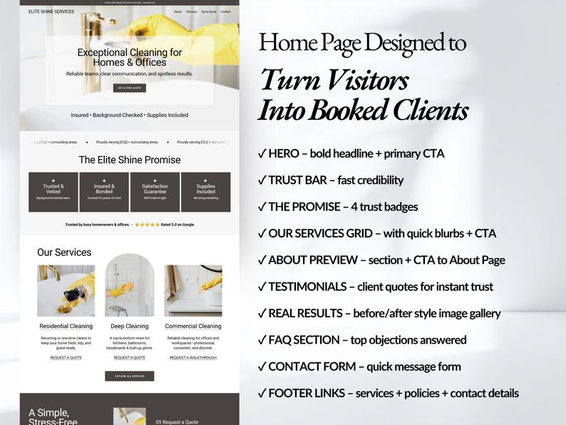 Cleaning service homepage design built in Squarespace 7.1 with hero section, trust bar, services grid, testimonials, FAQ, and contact form. Designed to turn website visitors into booked cleaning clients with clear calls to action and conversion-focused layout.