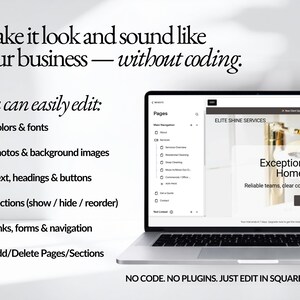 Editable Squarespace 7.1 cleaning website template with drag-and-drop customization. Easily change colors, fonts, photos, text, service pages, forms, and navigation. No coding or plugins required for cleaning business owners launching a professional website.