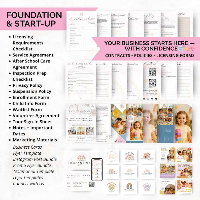 Childcare startup documents including licensing checklist, enrollment form, and service agreement templates