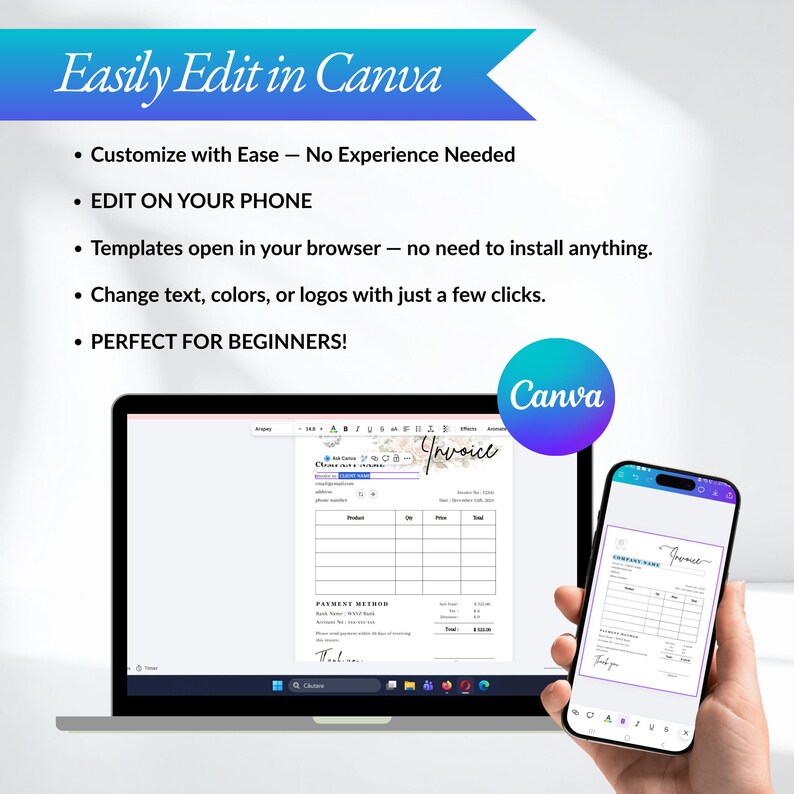 Editable wedding planner Canva templates designed for easy customization on desktop or phone. Includes wedding planning forms, invoices, contracts, onboarding documents, and business templates that wedding planners can personalize with branding, colors, text, and logo.