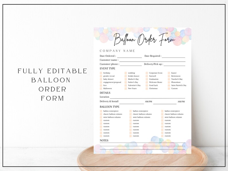BALLOON ORDER FORM Template Balloon Invoice Receipt Party Etsy