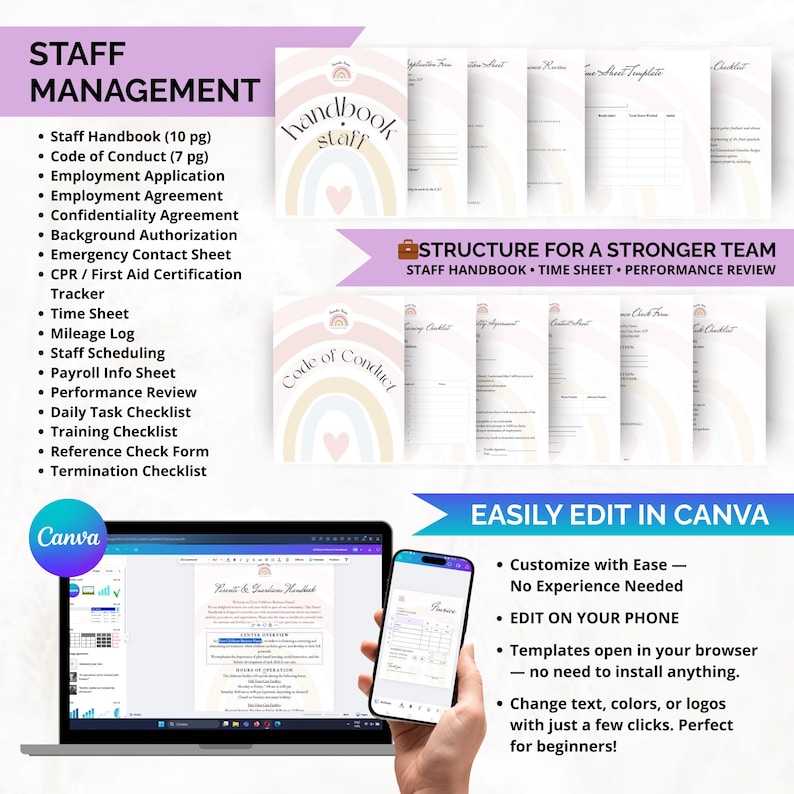 Staff management templates for daycare centers including handbook, scheduling, time sheets, and agreements