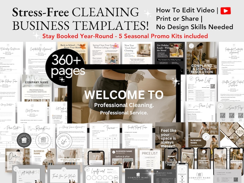 Branded cleaning business bundle for small businesses, perfect for house cleaners needing editable client forms, contracts, and marketing tools.