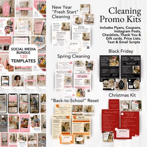 Cleaning entrepreneur kit with holiday bundles for Christmas and Easter included, all editable in Canva