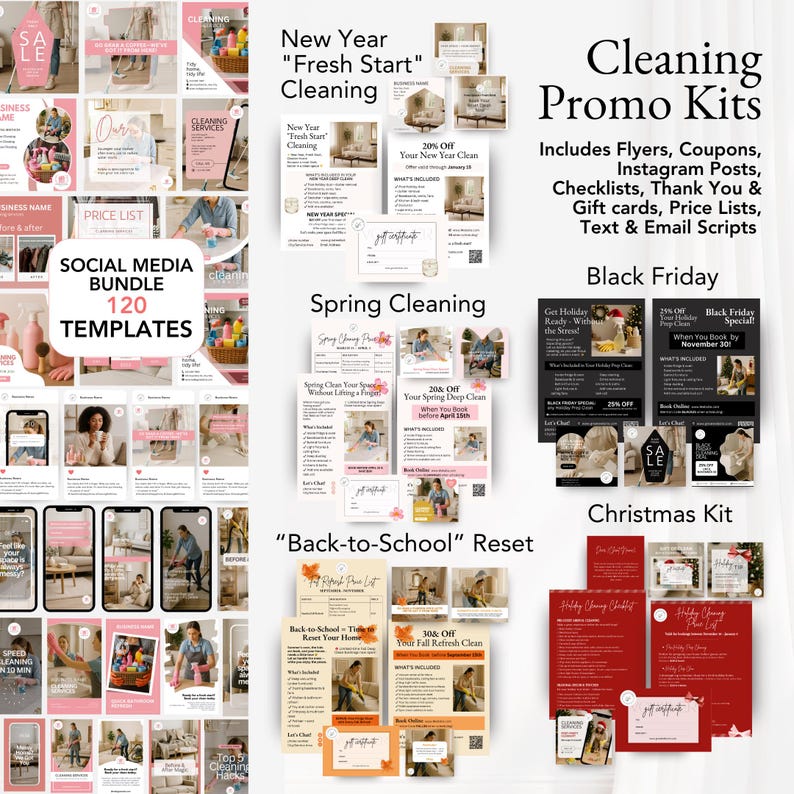 Cleaning entrepreneur kit with holiday bundles for Christmas and Easter included, all editable in Canva