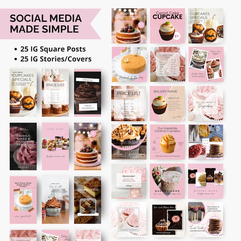 Instagram post and Instagram story templates for bakeries, featuring soft pastel bakery aesthetic. Designed to promote specials, menu items, and branding for home bakers and small cake shops