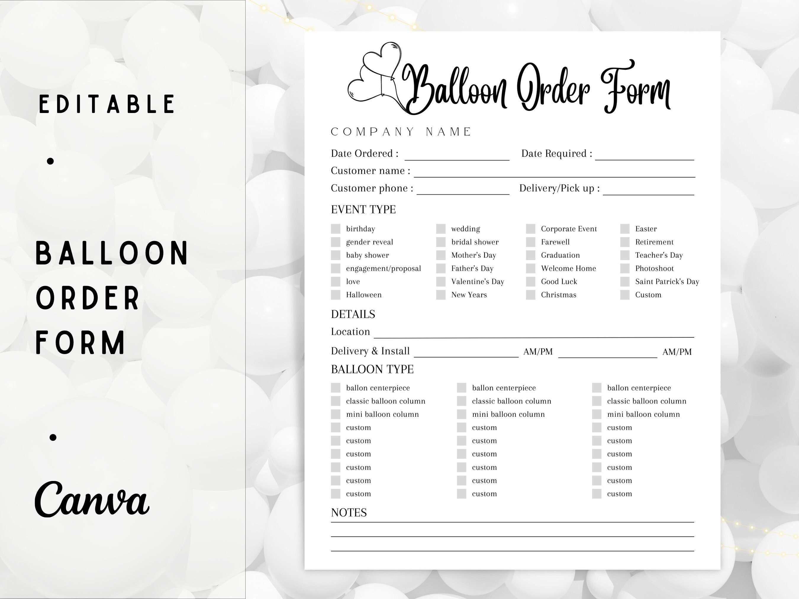 EDITABLE BALLOON ORDER Form Balloon Order Tracker Template