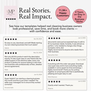 Customer reviews for the cleaning business template bundle, highlighting ease of use, professional design, and seller support for new business owners.