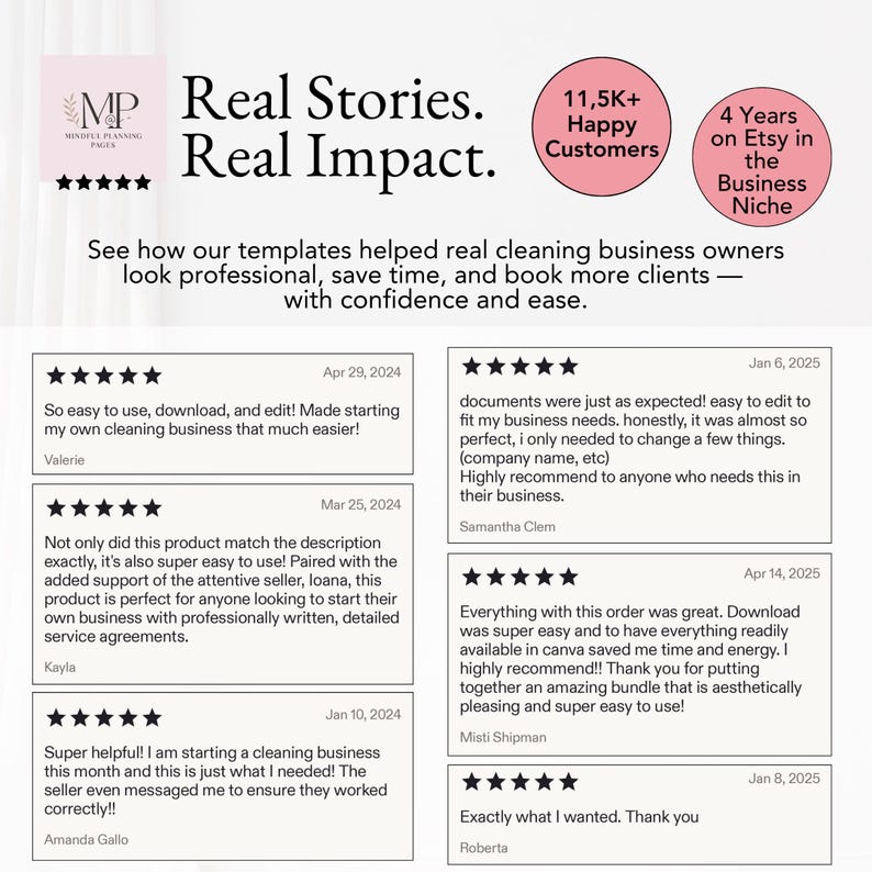 Customer reviews for the cleaning business template bundle, highlighting ease of use, professional design, and seller support for new business owners.