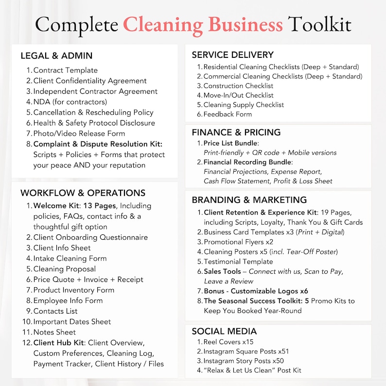 Digital cleaning business kit for solo entrepreneurs including marketing templates, legal docs, and welcome packet for clients