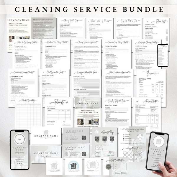 CLEANING SERVICE BUNDLE, Cleaning Service Agreement, Cleaning Service Intake Form, Cleaning Company Business Cards, Cleaning Business Bundle