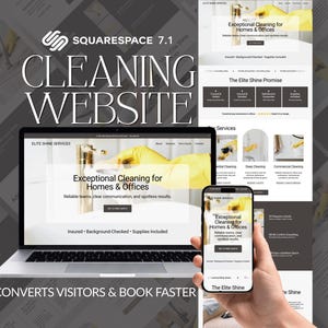 K&ouml;nnte beinhalten: Ein Laptop, ein Telefon und ein Website-Mockup, das eine Reinigungsdienstleistungs-Website zeigt. Die Website zeigt den Text "Exceptional Cleaning for Homes & Offices" und "CONVERTS VISITORS & BOOK FASTER". Das Farbschema ist Wei&szlig;, Gelb und Grau.