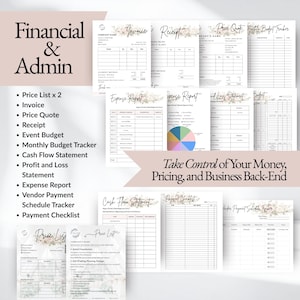 Event planner financial templates including invoice template, event price quote, receipt template, expense report, profit and loss statement, monthly budget tracker, vendor payment schedule, and event budget planning sheets for event planning businesses and wedding planners.