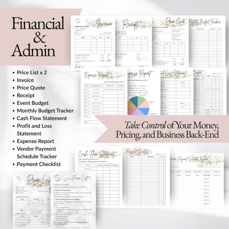 Event planner financial templates including invoice template, event price quote, receipt template, expense report, profit and loss statement, monthly budget tracker, vendor payment schedule, and event budget planning sheets for event planning businesses and wedding planners.