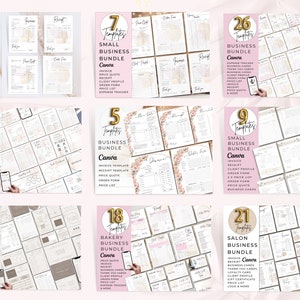 May include: A collage of nine images showcasing different Canva business template bundles. Each image features a number of templates, a title, and a description of the included items. The bundles include templates for mini businesses, t-shirts, candles, bakeries, salons, and more.