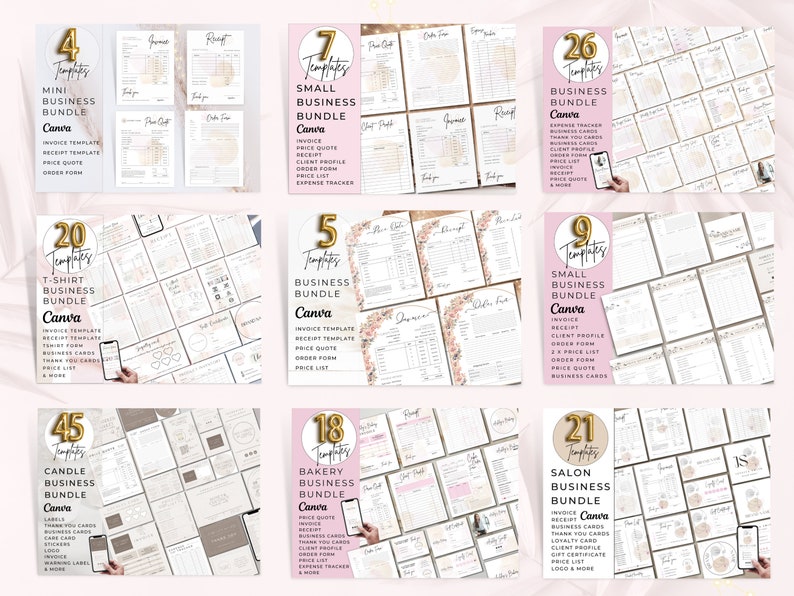 May include: A collage of nine images showcasing different Canva business template bundles. Each image features a number of templates, a title, and a description of the included items. The bundles include templates for mini businesses, t-shirts, candles, bakeries, salons, and more.