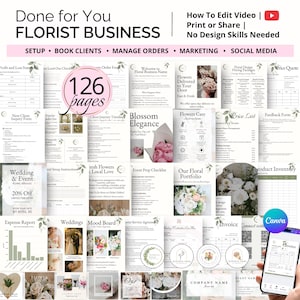 Könnte beinhalten: Eine Sammlung von Vorlagen für das Blumengeschäft, einschließlich Einrichtung, Kundenmanagement und Marketingmaterialien. Das Bild zeigt eine Vielzahl von Dokumenten, darunter Rechnungen, Preislisten und Checklisten, mit dem Text "Done for You FLORIST BUSINESS" und "126 pages".