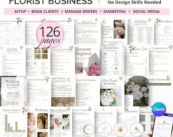 May include: A collection of floral business templates, including setup, client management, and marketing materials. The image features a variety of documents, including invoices, pricing guides, and checklists, with the text "Done for You FLORIST BUSINESS" and "126 pages".