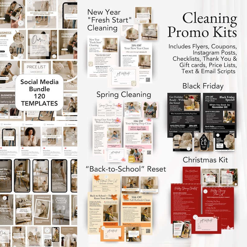 Modern social media marketing kit for cleaning services with 120+ Instagram and story templates to grow your cleaning business online.