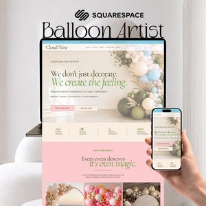 Puede incluir: Un port&aacute;til y un smartphone muestran un sitio web para un artista de globos. El sitio web presenta el texto: "No solo decoramos. Creamos la sensaci&oacute;n". El sitio muestra instalaciones de globos para eventos, con la palabra "Balloon Artist".