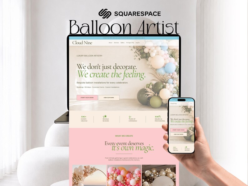 Puede incluir: Un port&aacute;til y un smartphone muestran un sitio web para un artista de globos. El sitio web presenta el texto: "No solo decoramos. Creamos la sensaci&oacute;n". El sitio muestra instalaciones de globos para eventos, con la palabra "Balloon Artist".