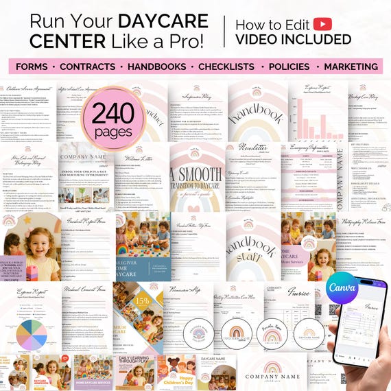DAYCARE FORMS & Business Plan Bundle – Editable Canva Templates for Childcare Providers, Policies, Contracts, Handbooks and Logo Design