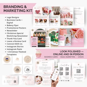 Bakery marketing templates including business cards, flyers, posters, price lists, menu designs, loyalty cards, and thank-you cards. Soft bakery aesthetic for boosting visibility and brand identity for small baking businesses