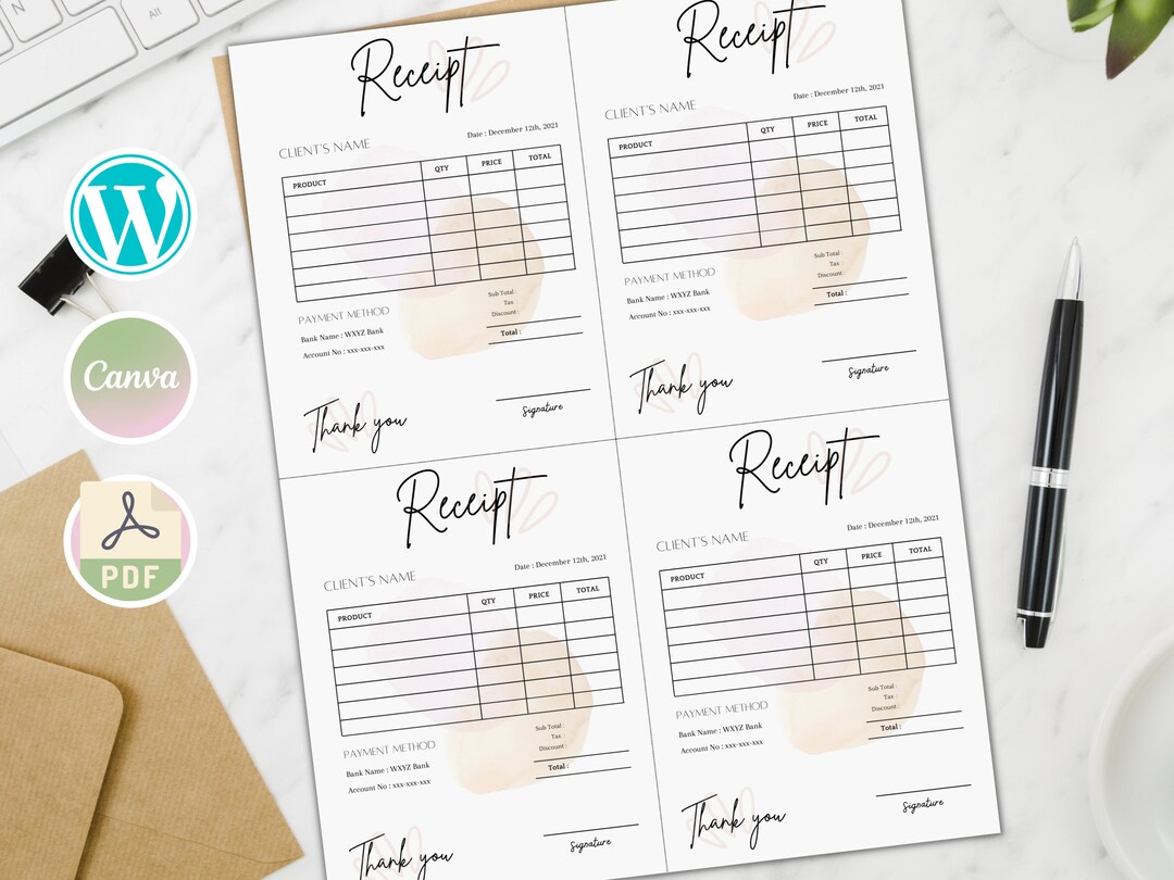 Receipt Editable Mini Editable Receipt Template: Printable Small Business Form (canva, Word ...