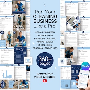 Könnte beinhalten: Werbebild für ein Reinigungsunternehmen mit einer Sammlung von Dokumenten, Checklisten und Formularen. Der Text lautet "Run Your Cleaning Business Like a Pro!" und "360+ Seiten." Das Bild zeigt auch ein Telefon mit der Canva-App.