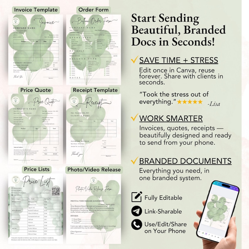 Complete balloon business bundle with client forms, social media templates, and cohesive branding for new business owners.