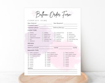 EDITABLE BALLOON ORDER Form Template, Balloon Order Tracker, Custom Balloon Sale Tracker, Party Balloons Order Sheet, Balloon Garland Form