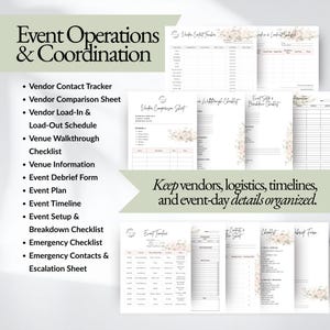 Wedding planner coordination templates including vendor contact tracker, event timeline, venue walkthrough checklist, load in and load out schedule, event debrief form, and emergency checklist to help wedding planners organize logistics, vendor communication, and wedding day operations.