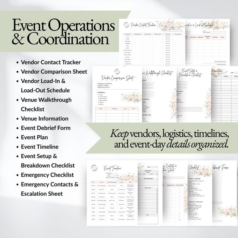 Wedding planner coordination templates including vendor contact tracker, event timeline, venue walkthrough checklist, load in and load out schedule, event debrief form, and emergency checklist to help wedding planners organize logistics, vendor communication, and wedding day operations.