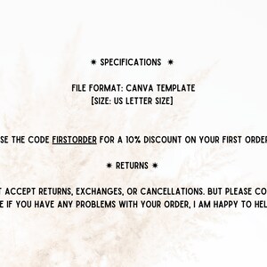 Puede incluir: Texto sobre un fondo blanco con una planta en el fondo. El texto dice: * ESPECIFICACIONES * FORMATO DE ARCHIVO: PLANTILLA CANVA [TAMA&Ntilde;O: TAMA&Ntilde;O DE CARTA DE EE. UU.] * &iexcl;UTILIZA EL C&Oacute;DIGO FIRSTORDER PARA OBTENER UN DESCUENTO DEL 10% EN TU PRIMER PEDIDO! * * DEVOLUCIONES * NO ACEPTO DEVOLUCIONES, CAMBIOS O CANCELACIONES. PERO POR FAVOR CONTACTA CONMIGO SI TIENES ALG&Uacute;N PROBLEMA CON TU PEDIDO, ESTAR&Eacute; ENCANTADO DE AYUDARTE!