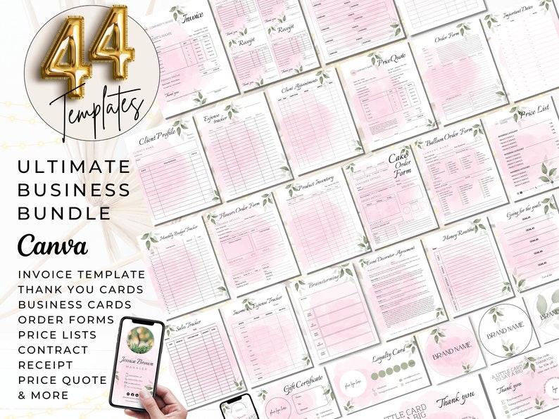 May include: A collection of 44 pink and green Canva templates for business, including invoices, thank you cards, business cards, order forms, price lists, contracts, receipts, price quotes, and more.