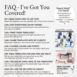 Cleaning template FAQ with answers about Canva editing, printing, branding, and QR code use — includes buyer support and overview of included items.