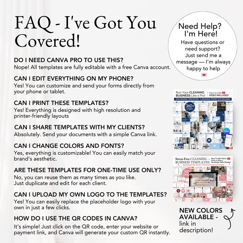 Cleaning template FAQ with answers about Canva editing, printing, branding, and QR code use — includes buyer support and overview of included items.