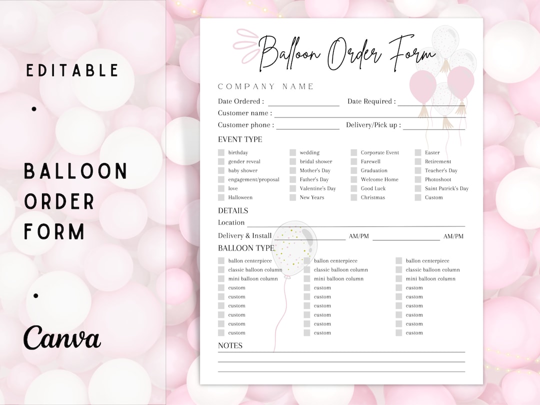 BALLOON ORDER Form Template, Editable Balloon Order Tracker, Custom